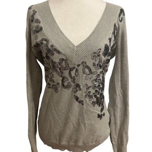 Y2K Express Large Fitted Vneck gray grey sequin sweater‎ longline animal print